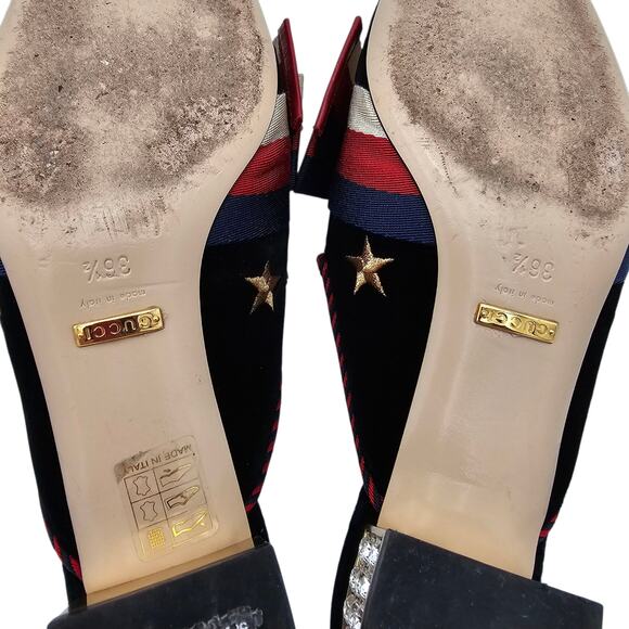 Gucci Sylvie Mule Slipper Black Velvet Star Web Stripe Bow Size 36.5 US 6.5 - Picture 10 of 11